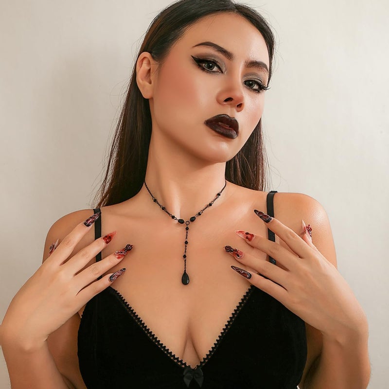 Cicod Gothic Y Necklace,Goth Black Red Crystal Bead Teardrop Necklace,Punk Y Necklace,Halloween Christmas New Year Jewelry Vampire Accessories for Women - Image 2